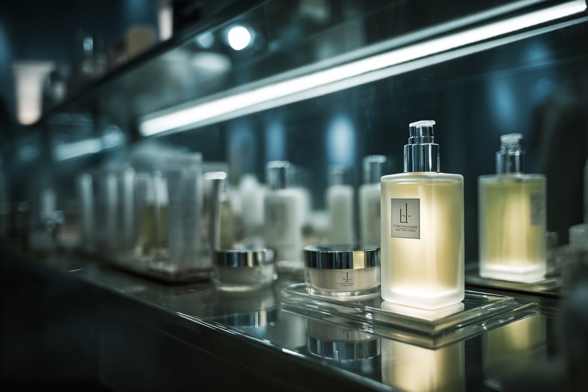 Premium beauty product on dark surface with growth curve visualization